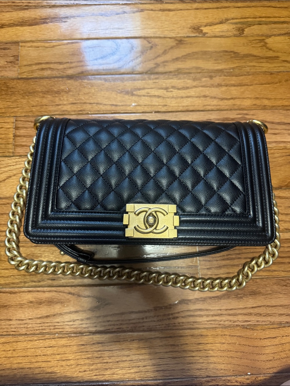 CHANEL Black Quilted Boy Shoulder Bag with Gold Hardware